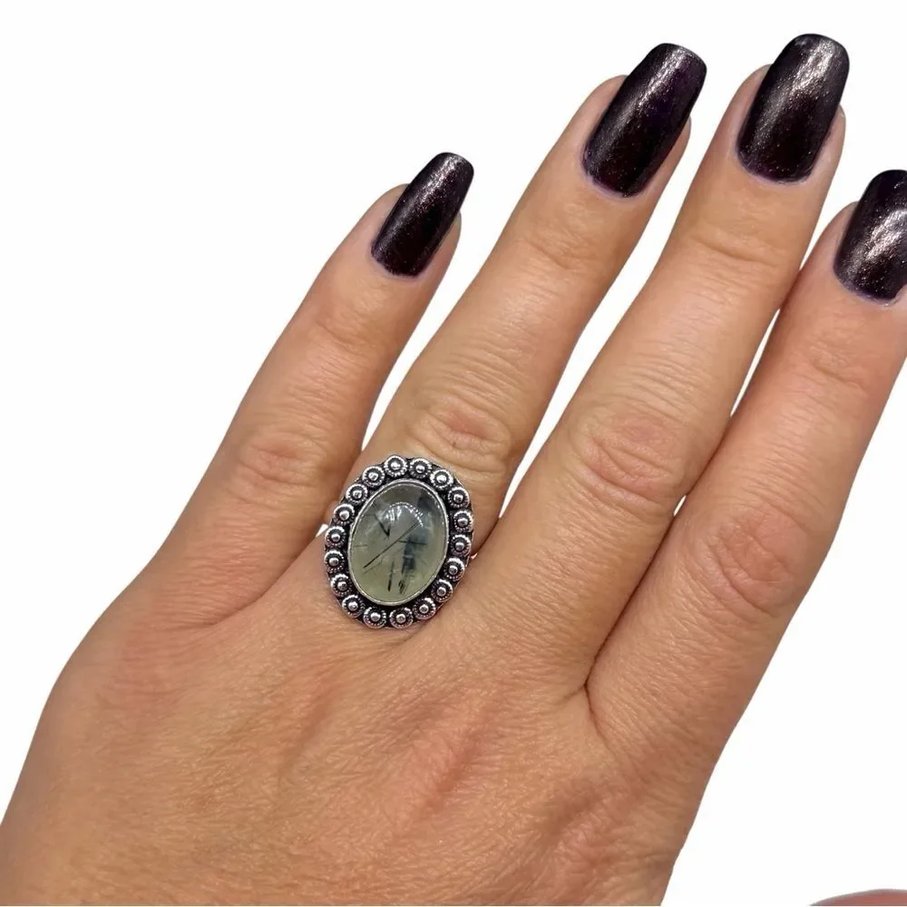 Moss Prehnite Ring Size 6.5 925 Sterling Silver Overlay Natural Stone Green